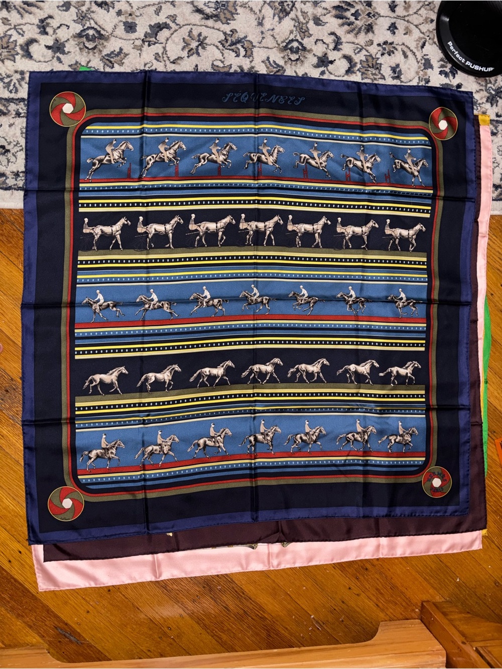 Hermes Equestrian Silk Scarf in Navy, Blue & Red Accents
